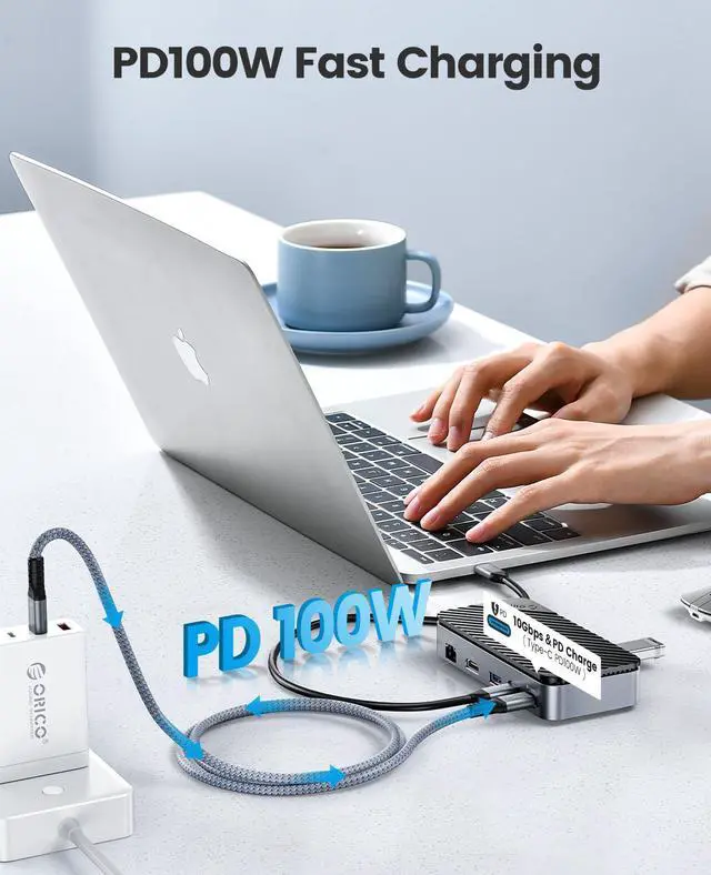 Alt view image 6 of 7 - ORICO M.2 NVMe and SATA SSD Enclosure Docking Station USB C Hub 10Gbps PD 100W RJ45 SD/TF 4K 10-in-1 USB C Docking Station for Laptop Macbook Pro, with Fan