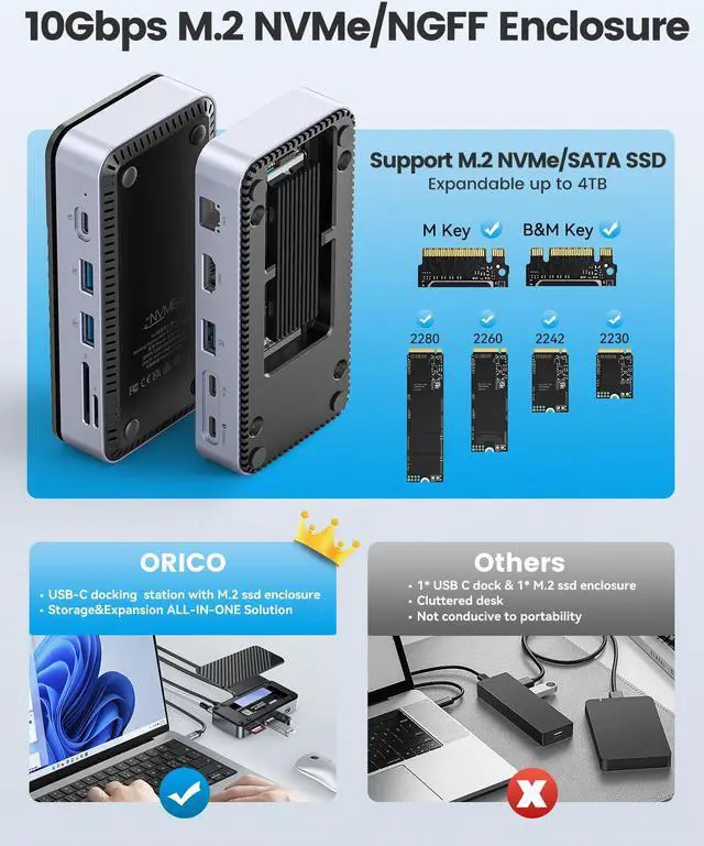 Alt view image 3 of 7 - ORICO M.2 NVMe and SATA SSD Enclosure Docking Station USB C Hub 10Gbps PD 100W RJ45 SD/TF 4K 10-in-1 USB C Docking Station for Laptop Macbook Pro, with Fan