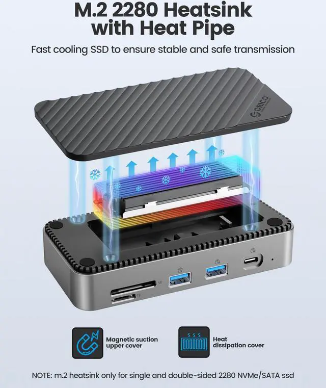 Alt view image 4 of 7 - ORICO M.2 NVMe and SATA SSD Enclosure Docking Station USB C Hub 10Gbps PD 100W RJ45 SD/TF 4K 10-in-1 USB C Docking Station for Laptop Macbook Pro, with Fan