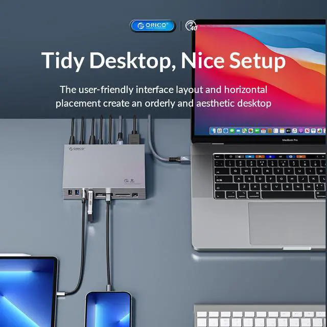 Alt view image 3 of 7 - ORICO 15 in 1 USB C Docking Station Compatible with Thunderbolt 3, USB C HUB, Triple Display Type C to 8K60Hz DP 40Gbps RJ45 3.5mm PD SD for PC Windows Mac OS