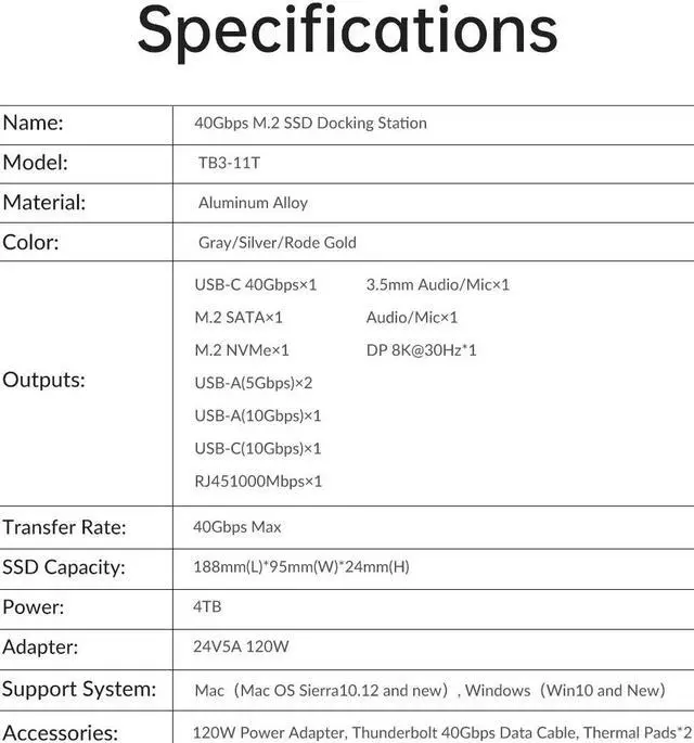 Alt view image 7 of 7 - ORICO 8K Dual USB C Dock 40Gbps with Dual Bay M.2 NVMe NGFF Enclosure USB C HUB with 60W Power Delivery, Display 8K@60Hz, Dual 4K, Gigabit Ethernet For Thunderbolt 3