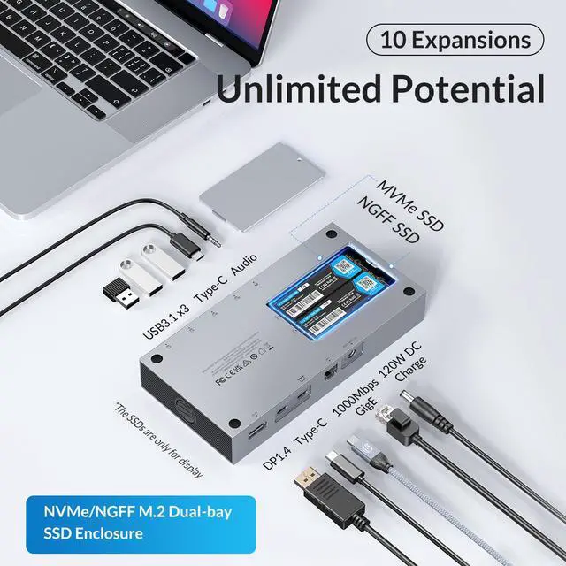 Alt view image 2 of 7 - ORICO 8K Dual USB C Dock 40Gbps with Dual Bay M.2 NVMe NGFF Enclosure USB C HUB with 60W Power Delivery, Display 8K@60Hz, Dual 4K, Gigabit Ethernet For Thunderbolt 3
