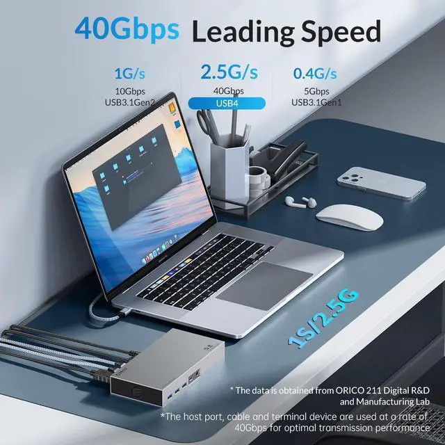Alt view image 4 of 7 - ORICO 8K Dual USB C Dock 40Gbps with Dual Bay M.2 NVMe NGFF Enclosure USB C HUB with 60W Power Delivery, Display 8K@60Hz, Dual 4K, Gigabit Ethernet For Thunderbolt 3