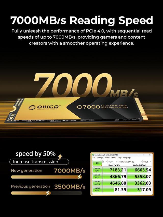 Alt view image 4 of 7 - ORICO 1TB NVMe SSD NVMe M.2 SSD Gen 4 M.2 SSD PCIe Read Speed Up to 7000Mb/s Solid State Drive with Heatsink Ultra-Fast for Content Creators