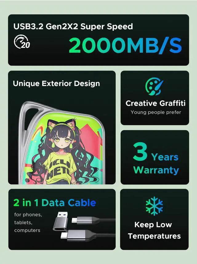 Alt view image 3 of 7 - ORICO Vivid 20Gbps Portable SSD Type C 2000MB/s Colorful Graffiti External Solid State Drive (W20)
