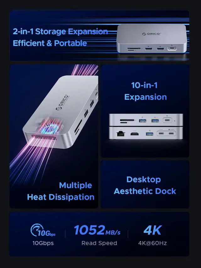 Alt view image 3 of 7 - ORICO Data Link 10-in-1 PSSD Docking Station with 2TB M.2 SSD Built in Cooling Fan 10Gbps PD100W 4K@30Hz Display USB C HUB with  for MacBook iMac  (SJ10)