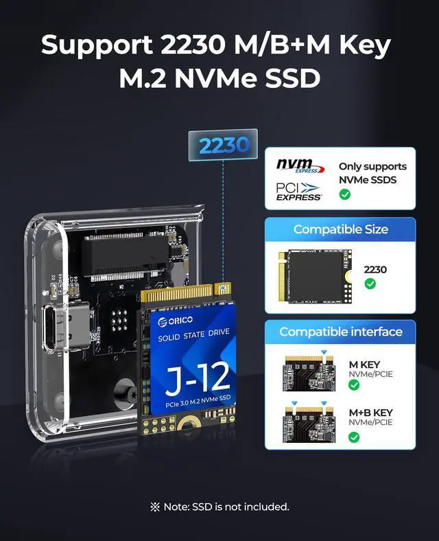 Alt view image 5 of 7 - ORICO Protable Mini Transparent M.2 NVME SSD For 2230 Type C to Type C 10Gpbs Fast Speed Max Support 2TB With UASP Trim Installation tools