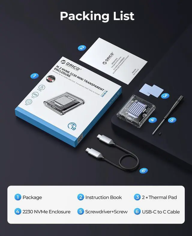 Alt view image 7 of 7 - ORICO Protable Mini Transparent M.2 NVME SSD For 2230 Type C to Type C 10Gpbs Fast Speed Max Support 2TB With UASP Trim Installation tools
