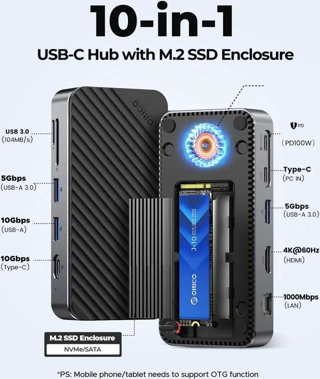 Alt view image 2 of 7 - ORICO M.2 NVMe and SATA SSD Enclosure Docking Station USB C Hub 10Gbps PD 100W RJ45 SD/TF 4K 10-in-1 USB C Docking Station for Laptop Macbook Pro, with Fan
