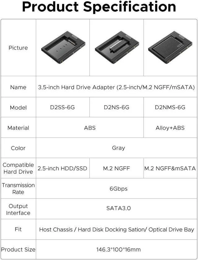 Alt view image 7 of 7 - ORICO M.2 NGFF SATA to 3.5 Hard Drive Adapter Internal Drive Bay Converter Mounting Bracket Caddy Tray -D2NS