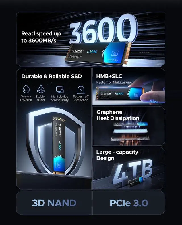 Alt view image 2 of 7 - ORICO 256GB M.2 2280 NVMe SSD PCIe Gen3x4 3D NAND Internal Solid State Drive, Read Speed up to 3600MB/s for PC Desktop Laptop Ultrabook Graphene Cooling-256GB