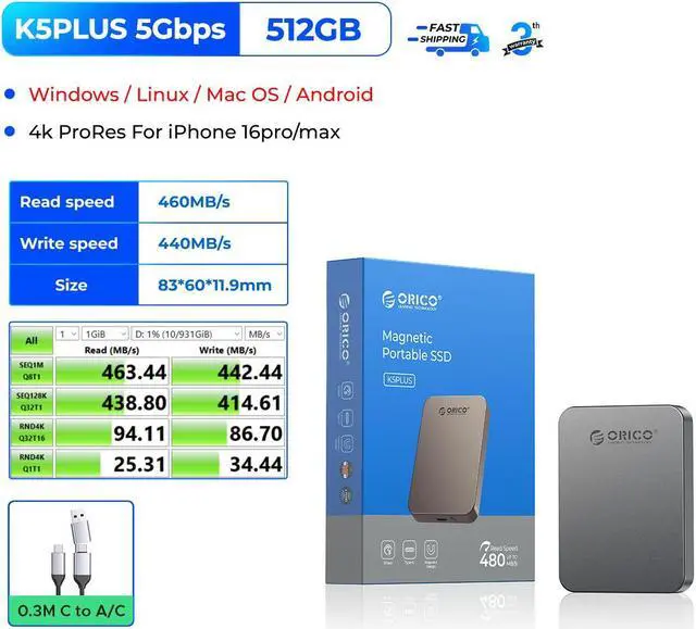 Alt view image 2 of 7 - ORICO Magnetic External SSD 5Gbps Read Speed Up to 460MB/s Portable SSD for iPhone 15 Pro's ProRes Videos-512GB Gray