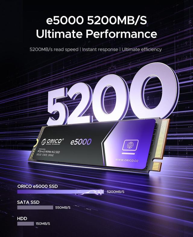 Alt view image 2 of 7 - ORICO 1TB NVMe M.2 SSD Speed up to 5200Mb/s Internal Solid State Drive PCIe 4.0 SSD Graphene Cooling Design M.2 2280 for PC Laptop Desktop-e5000