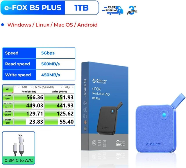 Alt view image 2 of 7 - ORICO 1TB External SSD up to Read Speed up to 560MB/s USB Type-C Portable SSD-B5PLUS 1TB Blue
