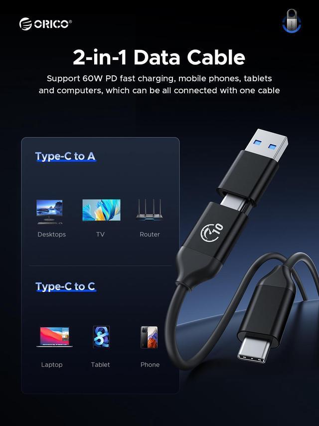 Alt view image 5 of 5 - ORICO C5 External SSD 1TB, Read Speed Up to 460MB/s Portable SSD Hanging Hole Design External Solid State Drive w/ USB C&A 2 in 1 Cable,for Type-C Smartphone, Tablets, Laptops