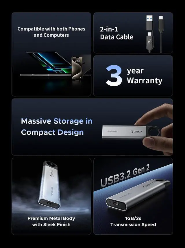 Alt view image 2 of 7 - ORICO 1TB External SSD Reading Speed Up to 1000MB/S Solid State Drive Type-C 10Gbps Portable SSD