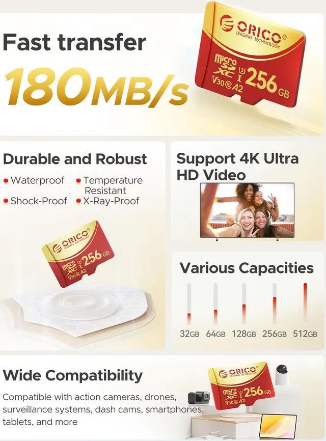 Alt view image 3 of 7 - ORICO 512GB Memory Card UHS U3, 4K Video Recording Compatible for cams, Speed Up to 180MB/s