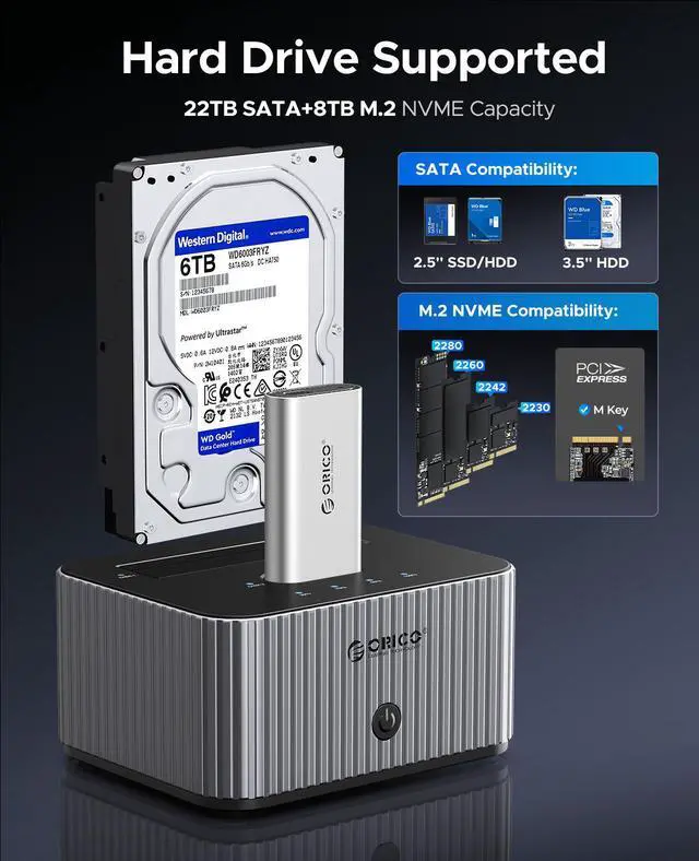 Alt view image 2 of 7 - ORICO 2 Bay USB C M.2 NVMe SSD/SATA HDD SSD Enclosure Docking Station 10Gbps External SSD Enclosure with Offline Clone for Office & Personal Users