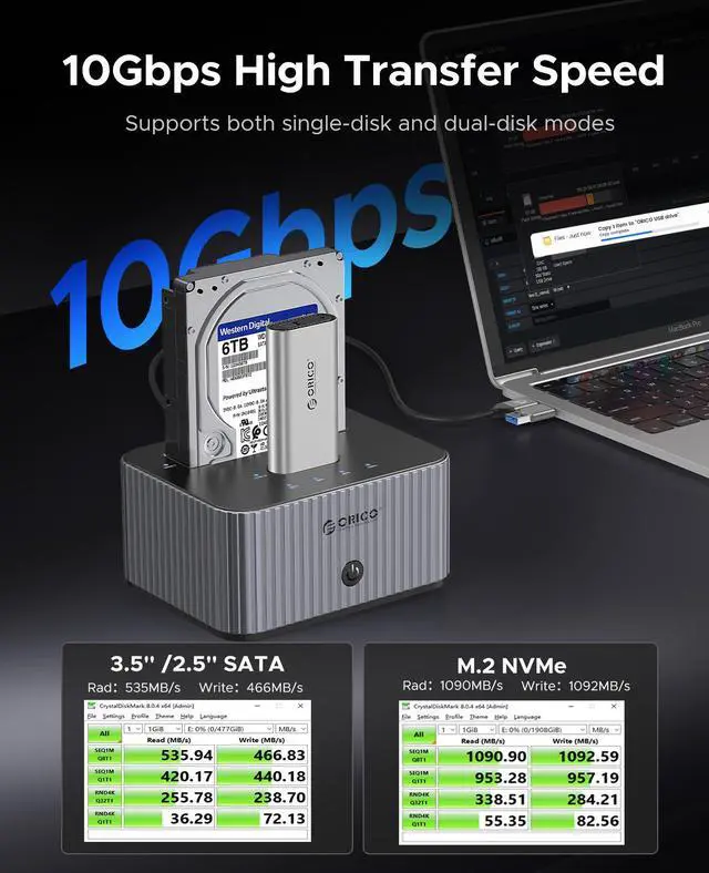 Alt view image 4 of 7 - ORICO 2 Bay USB C M.2 NVMe SSD/SATA HDD SSD Enclosure Docking Station 10Gbps External SSD Enclosure with Offline Clone for Office & Personal Users