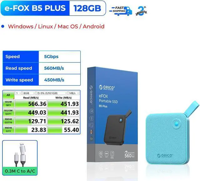 Alt view image 2 of 7 - ORICO 128GB External SSD up to Read Speed up to 560MB/s USB Type-C Portable SSD-B5PLUS