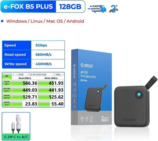 Alt view image 2 of 7 - ORICO 128GB External SSD up to Read Speed up to 560MB/s USB Type-C Portable SSD-B5PLUS Black