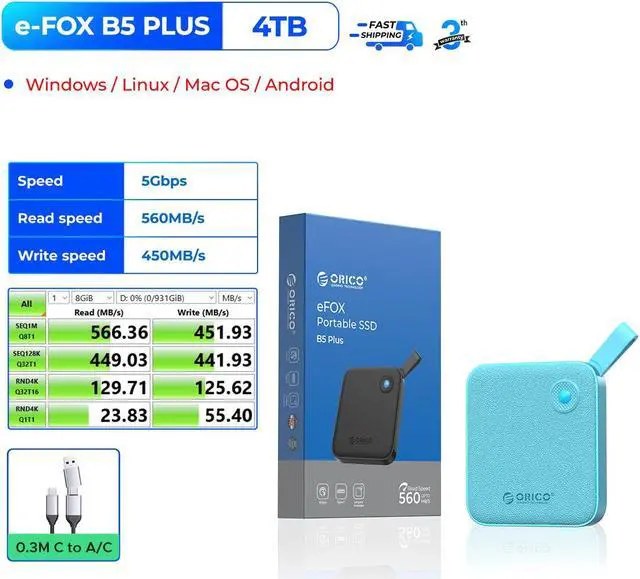Alt view image 2 of 7 - ORICO 4TB External SSD up to Read Speed up to 560MB/s USB Type-C Portable SSD-B5PLUS Green