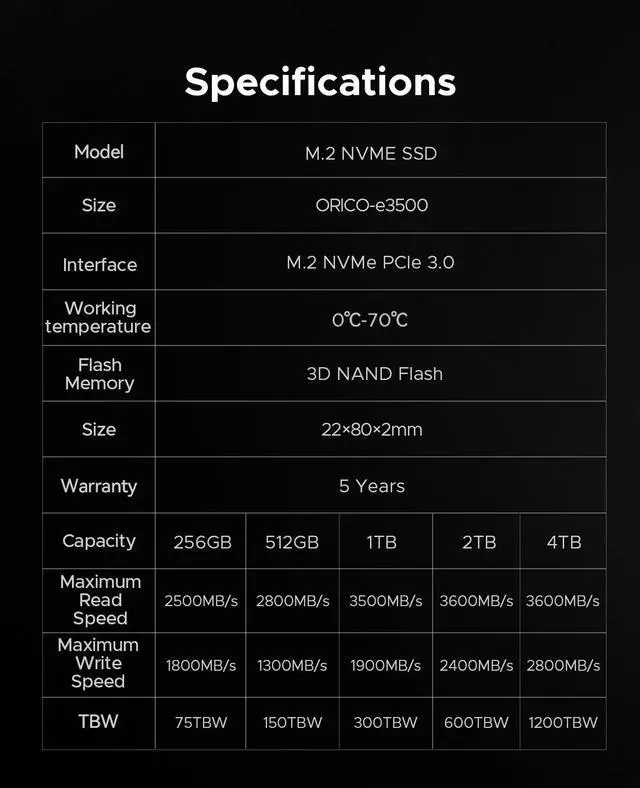 Alt view image 6 of 6 - ORICO 2TB M.2 2280 NVMe SSD PCIe Gen3x4 3D NAND Internal Solid State Drive, Read Speed up to 3500 MB/s Graphene Cooling for PC Desktop Laptop Ultrabook