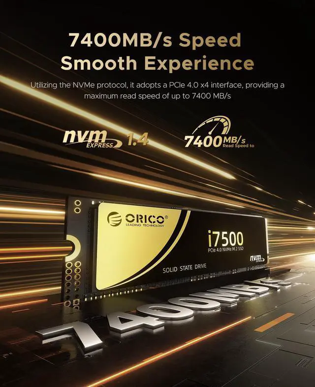 Alt view image 3 of 6 - ORICO i7500 512GB M.2 NVMe SSD, PCIe Gen4x4 M2 2280 SSD, Up to 7300MB/s Read & 6200MB/s Write, 3D NAND Flash Internal Solid State Drive with SLC Cache, Compatible with Laptops PC Desktops 512GB