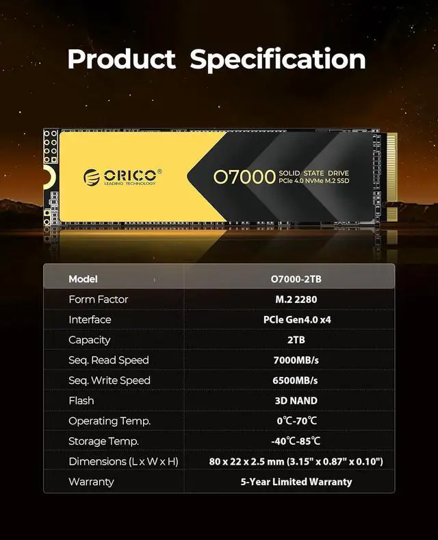 Alt view image 7 of 7 - ORICO 2TB M.2 NVMe SSD PCIe 4.0 x4 Internal Solid State Drive - Up to 7000MB/s Read, 2280 Gaming SSD with Heatsink, Compatible with PS5, Windows & macOS (O7000 Model)