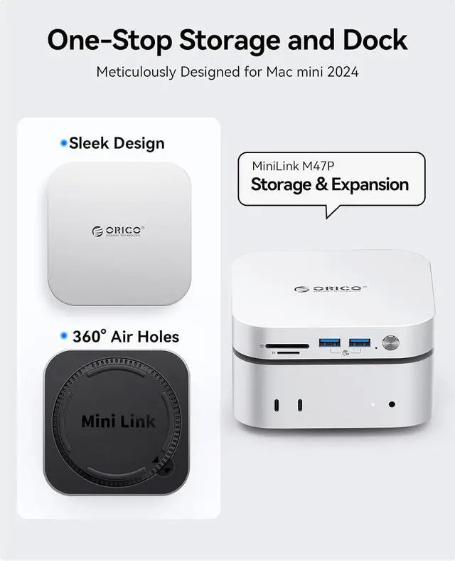 Alt view image 3 of 6 - ORICO MiniLink USB4 40Gbps Hub for Mac Mini M4, 7-in-1 Aluminum Docking Station with Dual NVMe M.2 SSD Slots, 10Gbps USB-A Ports, 4.0 SD/TF Card Readers