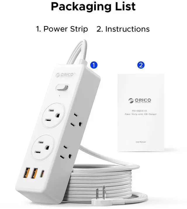 Alt view image 6 of 7 - ORICO 9-in-1 Power Strip - 6 AC Outlets 3 USB A Ports(1 USB C), 3 Sided Outlet Extender, 45° Ultra-Thin Plug, 5FT Extension Cord for Home, Office, Travel, College Dorm - PSS