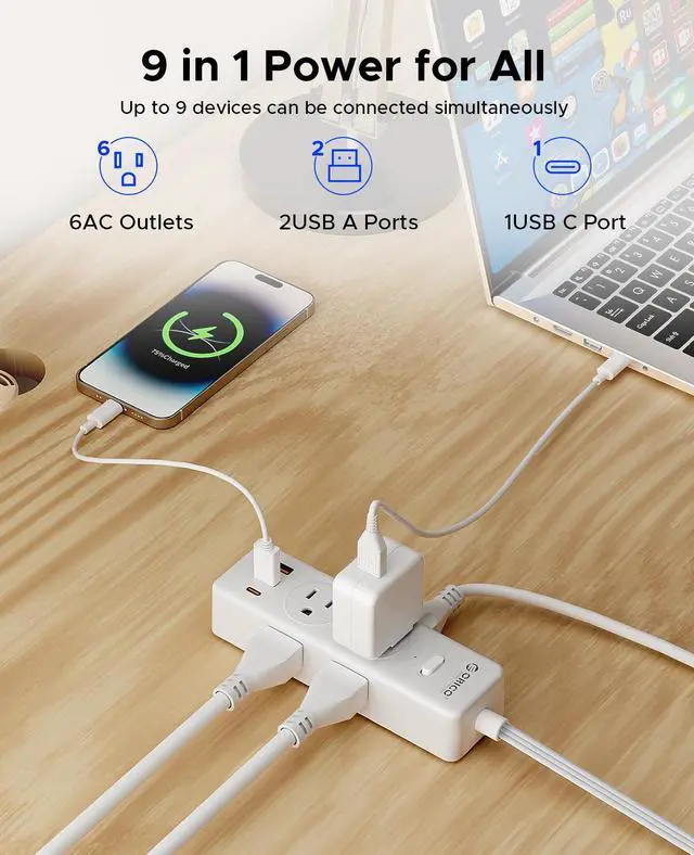 Alt view image 3 of 7 - ORICO 9-in-1 Power Strip - 6 AC Outlets 3 USB A Ports(1 USB C), 3 Sided Outlet Extender, 45° Ultra-Thin Plug, 5FT Extension Cord for Home, Office, Travel, College Dorm - PSS
