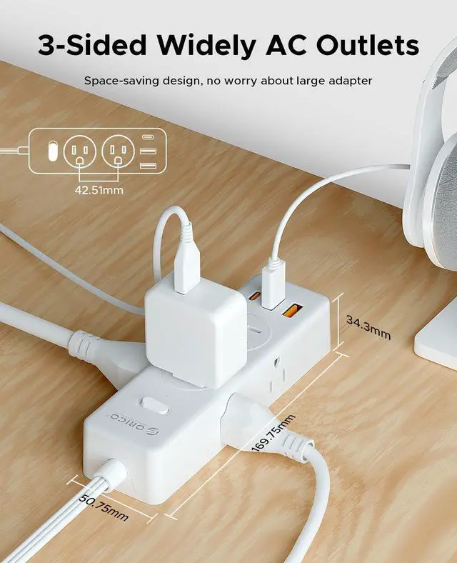 Alt view image 2 of 7 - ORICO 9-in-1 Power Strip - 6 AC Outlets 3 USB A Ports(1 USB C), 3 Sided Outlet Extender, 45° Ultra-Thin Plug, 5FT Extension Cord for Home, Office, Travel, College Dorm - PSS