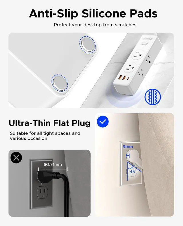 Alt view image 4 of 7 - ORICO 9-in-1 Power Strip - 6 AC Outlets 3 USB A Ports(1 USB C), 3 Sided Outlet Extender, 45° Ultra-Thin Plug, 5FT Extension Cord for Home, Office, Travel, College Dorm - PSS