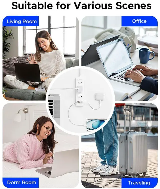 Alt view image 5 of 7 - ORICO 9-in-1 Power Strip - 6 AC Outlets 3 USB A Ports(1 USB C), 3 Sided Outlet Extender, 45° Ultra-Thin Plug, 5FT Extension Cord for Home, Office, Travel, College Dorm - PSS