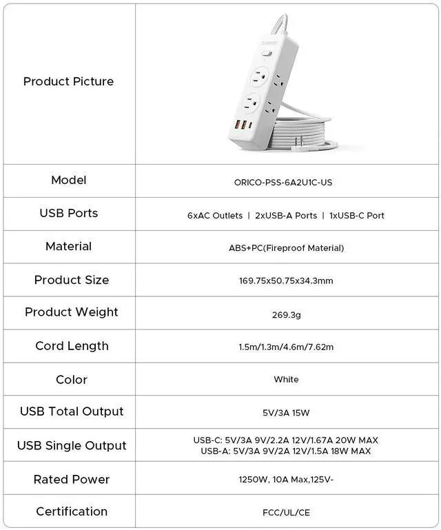 Alt view image 7 of 7 - ORICO 9-in-1 Power Strip - 6 AC Outlets 3 USB A Ports(1 USB C), 3 Sided Outlet Extender, 45° Ultra-Thin Plug, 5FT Extension Cord for Home, Office, Travel, College Dorm - PSS