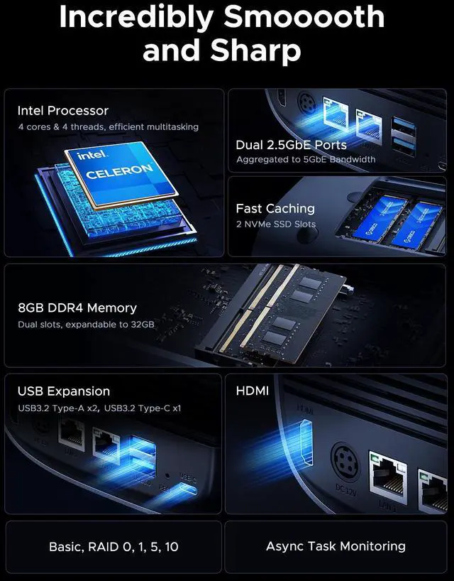 Alt view image 5 of 6 - ORICO HS500 NAS Storage, AI Album and Virtual Machine, Flexible RAID Setup, 5* HDD Slot, 2 * M.2 NVMe SSD Slot, 2 * 2.5 GbE, 4K HDMl, Network Attached Storage (Diskless)