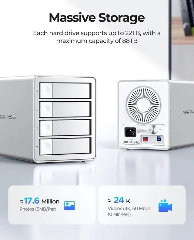 Alt view image 6 of 10 - ORICO 4Bay RAID External Hard Drive Enclosure USB3.0 for 2.5/3.5 Inch SATA HDD/SSD up to 5X 22TB Supports RAID 0/1/3/5/10/JBOD/Clone/ClearMode