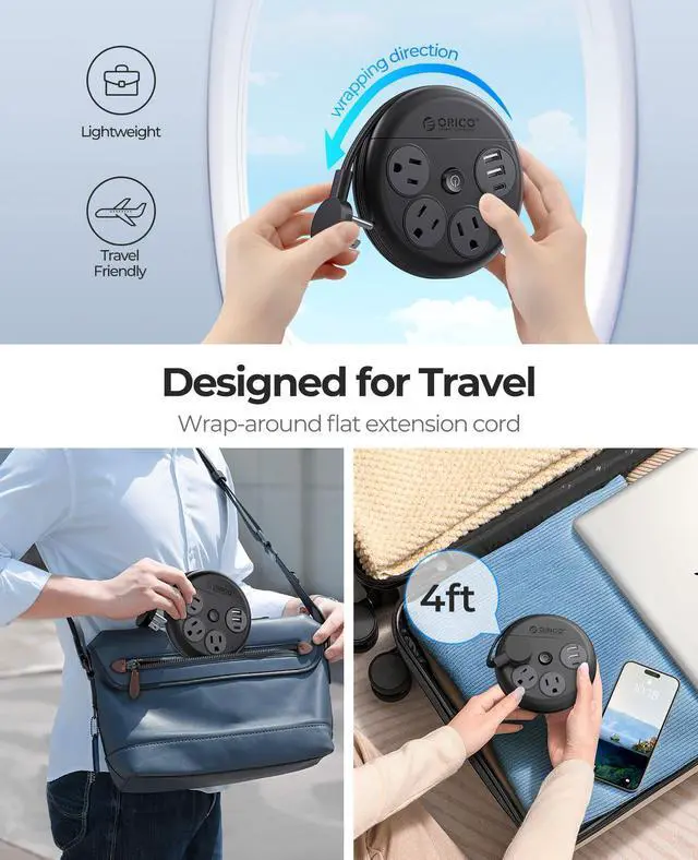 Alt view image 2 of 7 - ORICO Travel Power Strip with USB Ports, 4 ft Flat Extension Cord 3 Outlets 3 USB Ports, Portable Flat Plug Power Strip Outlet Extender for Travel, Cruise Approved - Black