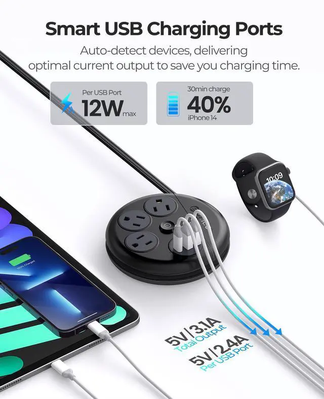 Alt view image 5 of 7 - ORICO Travel Power Strip with USB Ports, 4 ft Flat Extension Cord 3 Outlets 3 USB Ports, Portable Flat Plug Power Strip Outlet Extender for Travel, Cruise Approved - Black