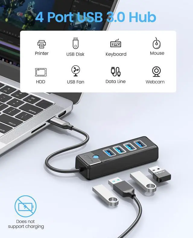 Alt view image 2 of 7 - 4-Port USB 3.0 Hub ORICO Ultra-Slim Data USB Splitter with 3.28ft Extended Cable, for Laptop, PC, MacBook, Mac Pro, Mac mini, iMac, XPS, Xbox, Flash Drive, Surface Pro and More USB Devices