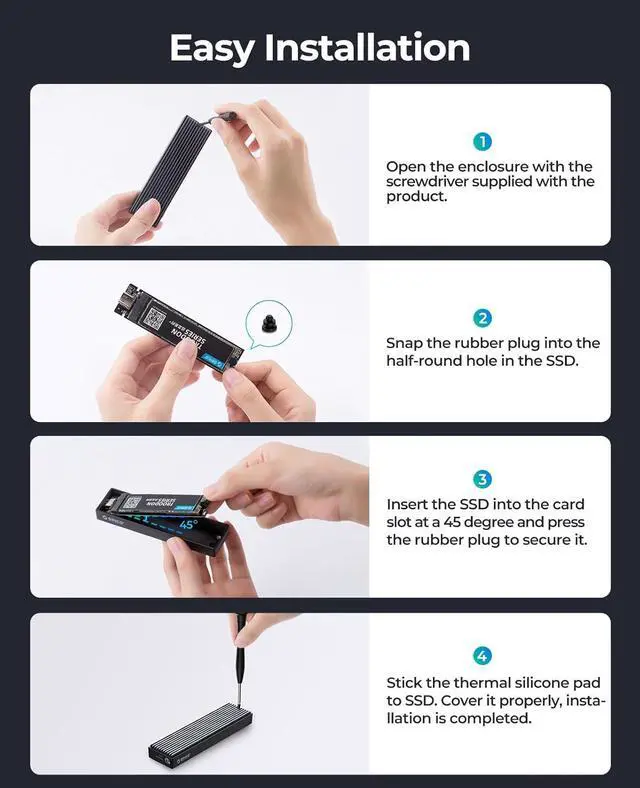 Alt view image 6 of 7 - ORICO M.2 NVMe SSD Enclosure, USB 3.1 Gen 2 (10 Gbps) to NVMe PCI-E M.2 SSD Case Support UASP for NVMe SSD Size 2230/2242/2260/2280(up to 4TB)