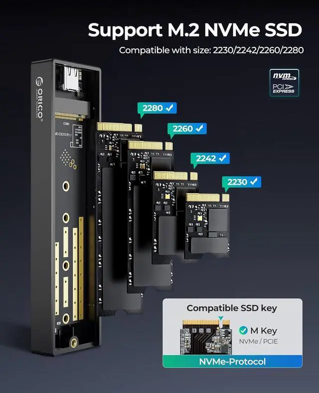 Alt view image 2 of 7 - ORICO M.2 NVMe SSD Enclosure, USB 3.1 Gen 2 (10 Gbps) to NVMe PCI-E M.2 SSD Case Support UASP for NVMe SSD Size 2230/2242/2260/2280(up to 4TB)