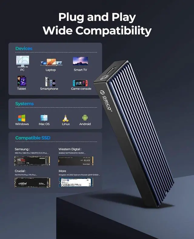 Alt view image 5 of 7 - ORICO M.2 NVMe SSD Enclosure, USB 3.1 Gen 2 (10 Gbps) to NVMe PCI-E M.2 SSD Case Support UASP for NVMe SSD Size 2230/2242/2260/2280(up to 4TB)