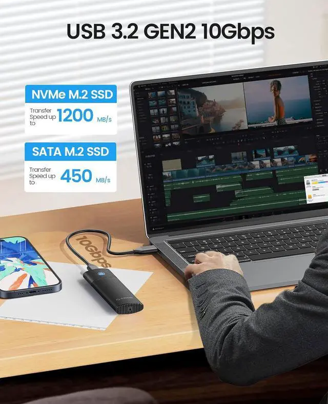 Alt view image 2 of 7 - ORICO Aluminum M.2 NVMe SSD Enclosure , Tool-Free 10Gbps USB C Adapter, USB 3.2 M.2 NVMe Reader, External SSD Case Thunderbolt 3 Compatible, Supports 4TB 2230/2242/2260/2280 PCIe M-Key SSDs-PWM2-BK