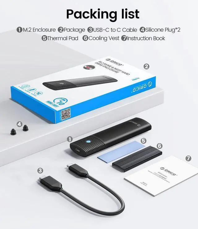 Alt view image 7 of 7 - ORICO Aluminum M.2 NVMe SSD Enclosure , Tool-Free 10Gbps USB C Adapter, USB 3.2 M.2 NVMe Reader, External SSD Case Thunderbolt 3 Compatible, Supports 4TB 2230/2242/2260/2280 PCIe M-Key SSDs-PWM2-BK