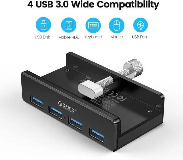 Alt view image 4 of 7 - ORICO USB 3.0 Hub, USB Hub Clamp, Aluminum 4-Port USB Splitter with Extra Power Supply Port and 4.92 FT USB Data Cable, Desktop Powered USB Hub for Monitors/Desks-Black (Without Power Adapter)