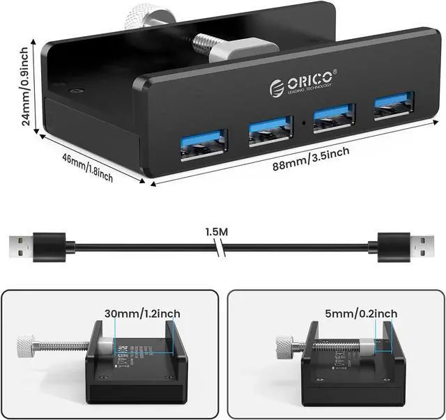 Alt view image 6 of 7 - ORICO USB 3.0 Hub, USB Hub Clamp, Aluminum 4-Port USB Splitter with Extra Power Supply Port and 4.92 FT USB Data Cable, Desktop Powered USB Hub for Monitors/Desks-Black (Without Power Adapter)