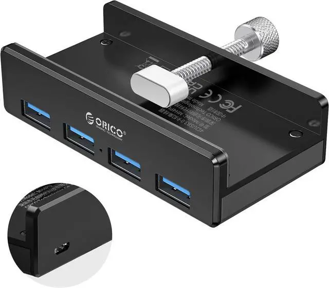 Main image of ORICO USB 3.0 Hub, USB Hub Clamp, Aluminum 4-Port USB Splitter with Extra Power Supply Port and 4.92 FT USB Data Cable, Desktop Powered USB Hub for Monitors/Desks-Black (Without Power Adapter)