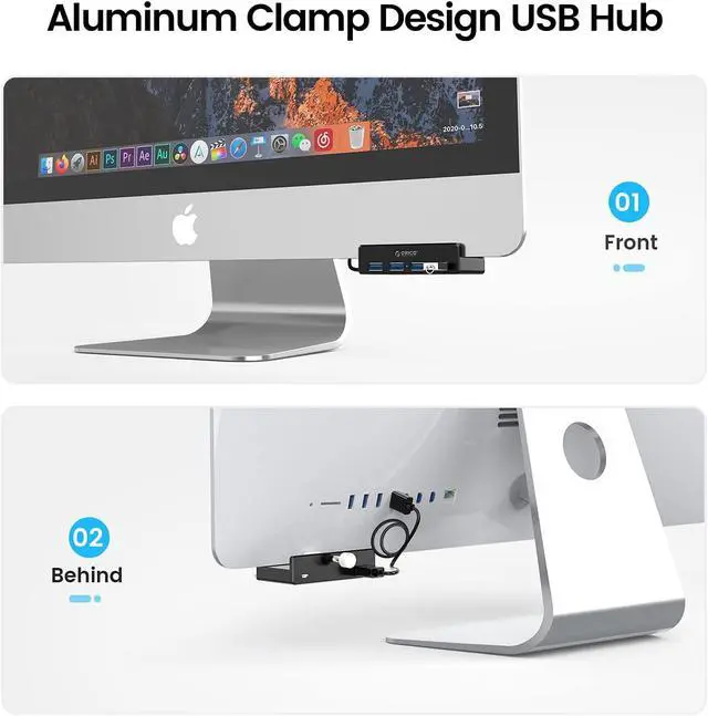 Alt view image 2 of 7 - ORICO USB 3.0 Hub, USB Hub Clamp, Aluminum 4-Port USB Splitter with Extra Power Supply Port and 4.92 FT USB Data Cable, Desktop Powered USB Hub for Monitors/Desks-Black (Without Power Adapter)
